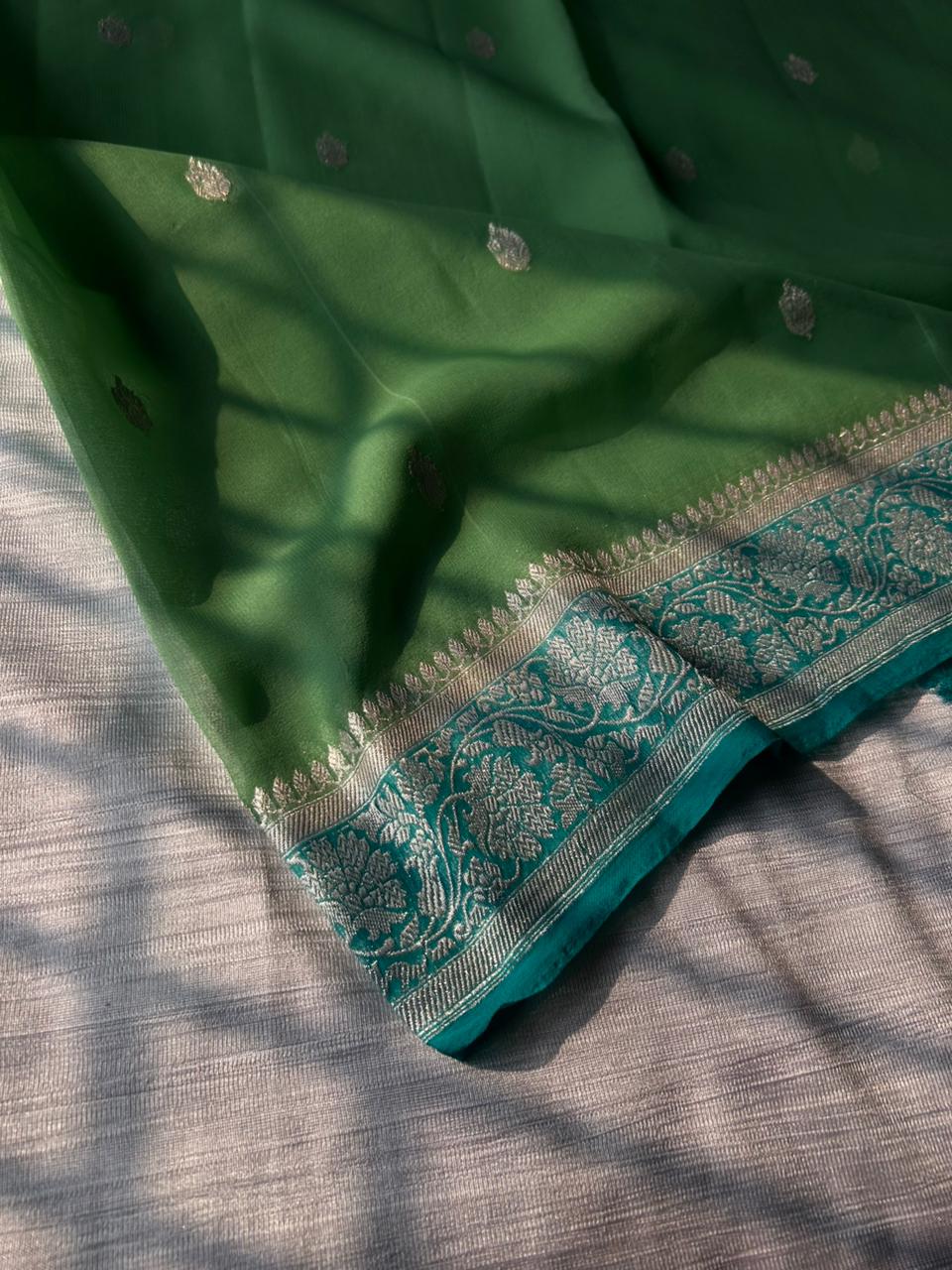 Pista Green Contrast Khadi Georgette Ring Test Saree | Sea Green Border & Real Silver Zari | 300g Handmade