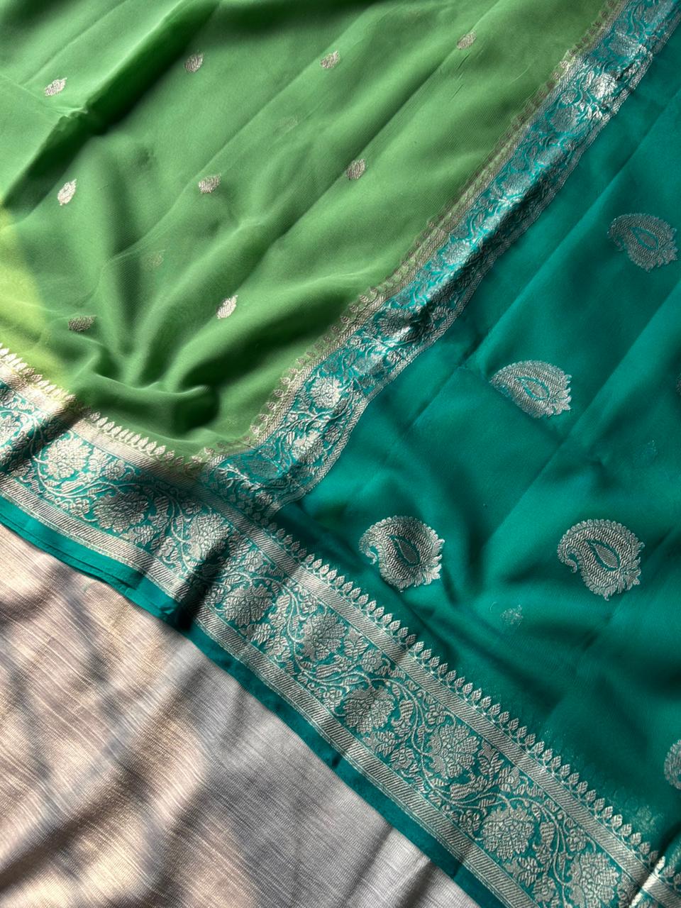Pista Green Contrast Khadi Georgette Ring Test Saree | Sea Green Border & Real Silver Zari | 300g Handmade