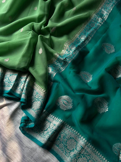 Pista Green Contrast Khadi Georgette Ring Test Saree | Sea Green Border & Real Silver Zari | 300g Handmade