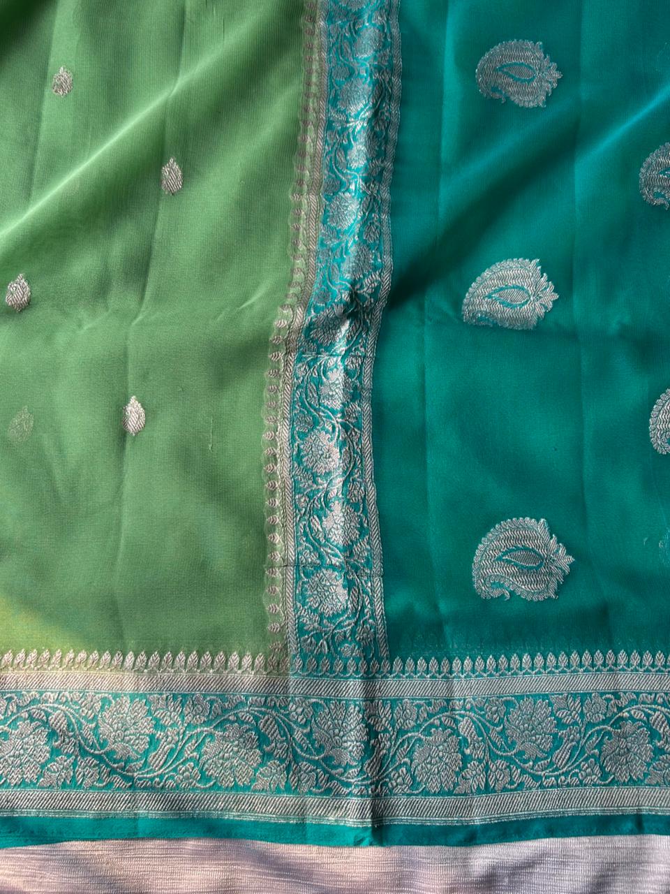 Pista Green Contrast Khadi Georgette Ring Test Saree | Sea Green Border & Real Silver Zari | 300g Handmade