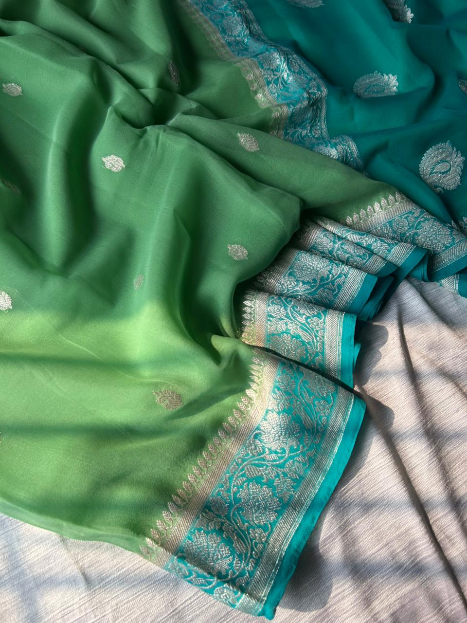 Pista Green Contrast Khadi Georgette Ring Test Saree | Sea Green Border & Real Silver Zari | 300g Handmade