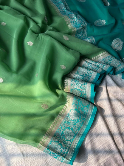 Pista Green Contrast Khadi Georgette Ring Test Saree | Sea Green Border & Real Silver Zari | 300g Handmade