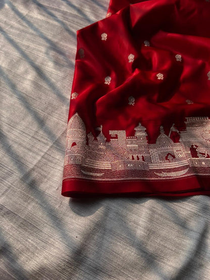 Chilli Red Mashru Silk Banaras Ghat Saree | Double Side Ghat Border | Traditional Butti Design