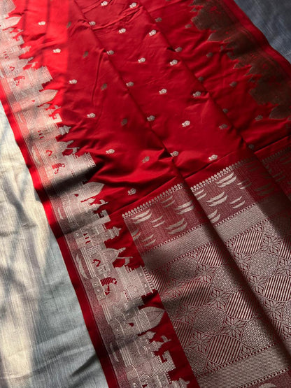 Chilli Red Mashru Silk Banaras Ghat Saree | Double Side Ghat Border | Traditional Butti Design