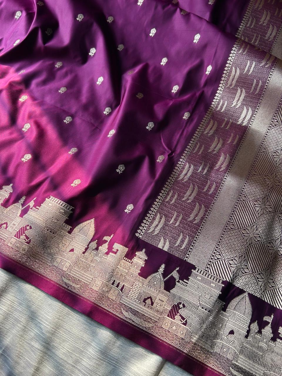 Magenta Mashru Silk Banaras Ghat Saree | Double Side Ghat Border | Traditional Butti Design