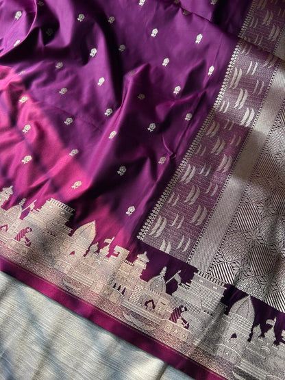Magenta Mashru Silk Banaras Ghat Saree | Double Side Ghat Border | Traditional Butti Design