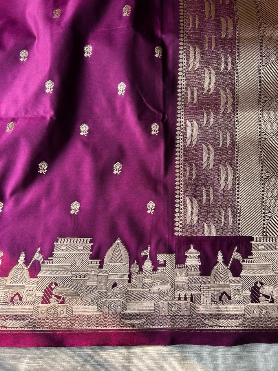 Magenta Mashru Silk Banaras Ghat Saree | Double Side Ghat Border | Traditional Butti Design