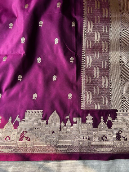 Magenta Mashru Silk Banaras Ghat Saree | Double Side Ghat Border | Traditional Butti Design