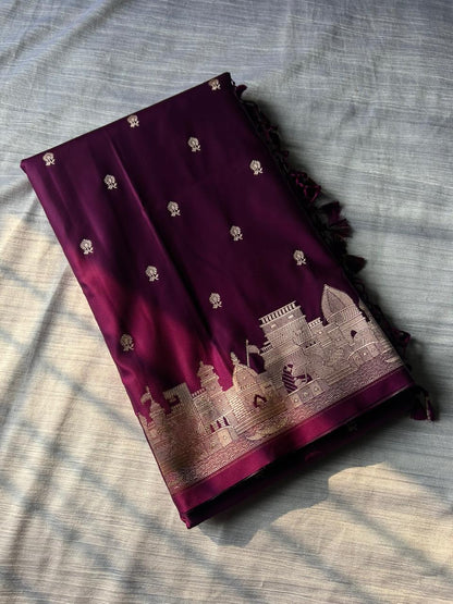 Magenta Mashru Silk Banaras Ghat Saree | Double Side Ghat Border | Traditional Butti Design