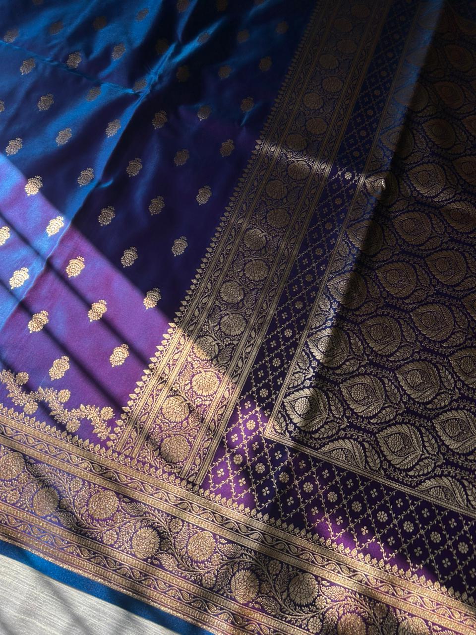 Morni Blue Satin Silk Saree with Copper Gold Zari | Dhoop-Chaon Party Wear Banarasi Saree