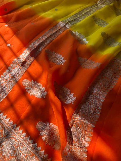 Ganga Jamuna Khadi Georgette Handloom Saree with Real Zari Weaving | Sunset Orange-Yellow Half & Half Saree
