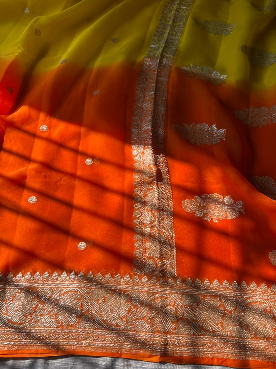 Ganga Jamuna Khadi Georgette Handloom Saree with Real Zari Weaving | Sunset Orange-Yellow Half & Half Saree