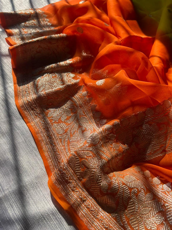 Ganga Jamuna Khadi Georgette Handloom Saree with Real Zari Weaving | Sunset Orange-Yellow Half & Half Saree