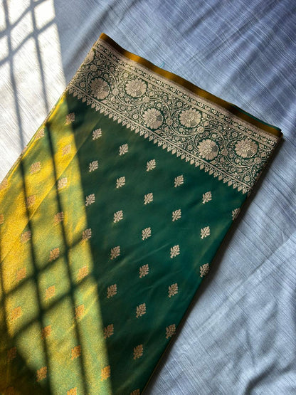 Kancha Neebu Lemon Green Satin Silk Banarasi Saree with Typical Butti & Double Pallu Design | Dhoop-Chaon Party Wear Saree