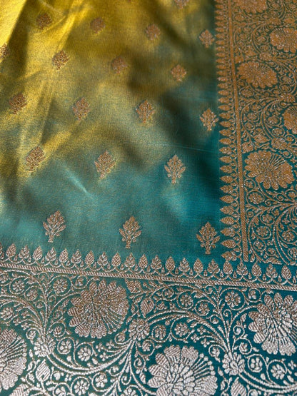 Kancha Neebu Lemon Green Satin Silk Banarasi Saree with Typical Butti & Double Pallu Design | Dhoop-Chaon Party Wear Saree