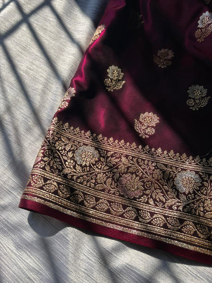 Berries Wine Tilfi Butti Satin Silk Banarasi Saree with Double Meenakari & Paithani Zari Border | Dhoop-Chaon Party Wear Saree
