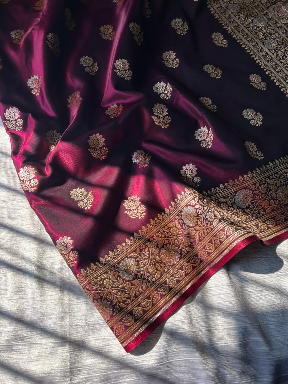 Berries Wine Tilfi Butti Satin Silk Banarasi Saree with Double Meenakari & Paithani Zari Border | Dhoop-Chaon Party Wear Saree