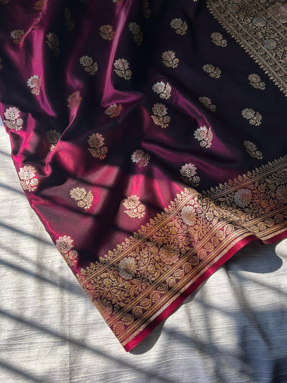 Berries Wine Tilfi Butti Satin Silk Banarasi Saree with Double Meenakari & Paithani Zari Border | Dhoop-Chaon Party Wear Saree