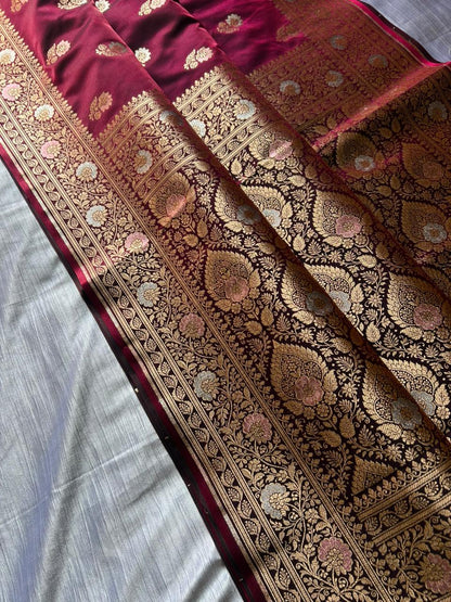 Berries Wine Tilfi Butti Satin Silk Banarasi Saree with Double Meenakari & Paithani Zari Border | Dhoop-Chaon Party Wear Saree
