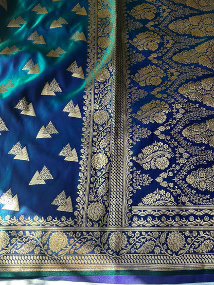 Morni Blue Dual Shade Satin Silk Saree with Geometrical Triangle Design | Peacock Blue Dhoop-Chaon Party Wear Saree