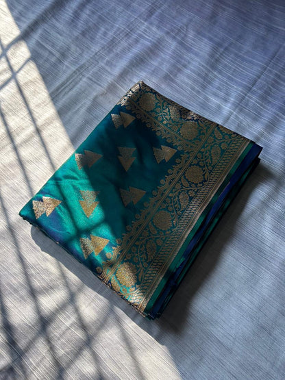 Morni Blue Dual Shade Satin Silk Saree with Geometrical Triangle Design | Peacock Blue Dhoop-Chaon Party Wear Saree