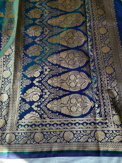 Morni Blue Dual Shade Satin Silk Saree with Geometrical Triangle Design | Peacock Blue Dhoop-Chaon Party Wear Saree