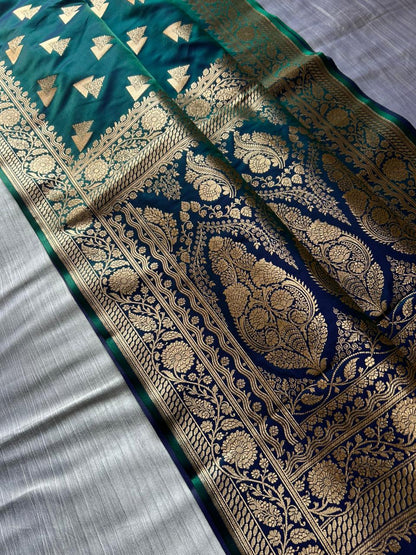 Morni Blue Dual Shade Satin Silk Saree with Geometrical Triangle Design | Peacock Blue Dhoop-Chaon Party Wear Saree