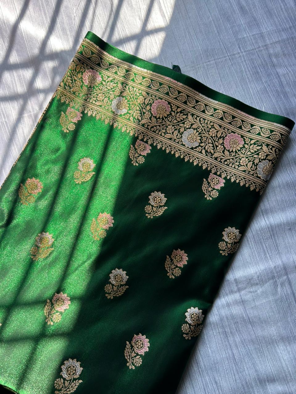 Bottle Green Tilfi Meenakari Butti Satin Silk Saree with Silver & Pastel Pink Zari Work | Premium Party Wear Banarasi Saree