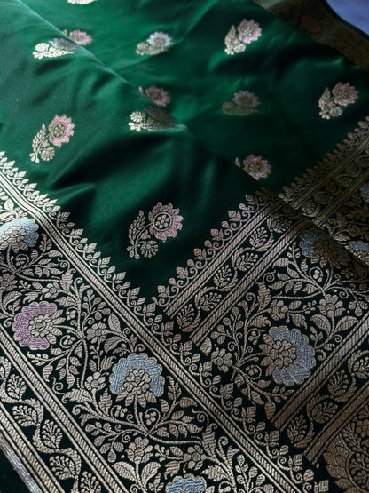 Bottle Green Tilfi Meenakari Butti Satin Silk Saree with Silver & Pastel Pink Zari Work | Premium Party Wear Banarasi Saree