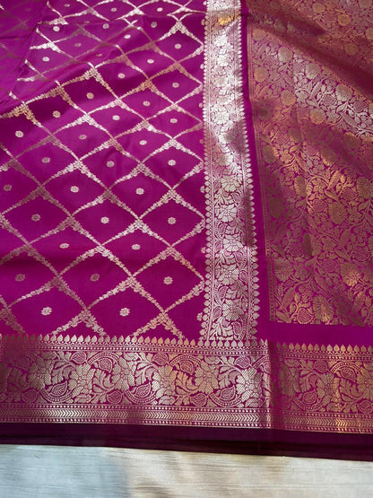 Maharani Pink Geometrical Jal Semi Katan Silk Banarasi Saree with Brocade Blouse | Lightweight Zari Woven Saree