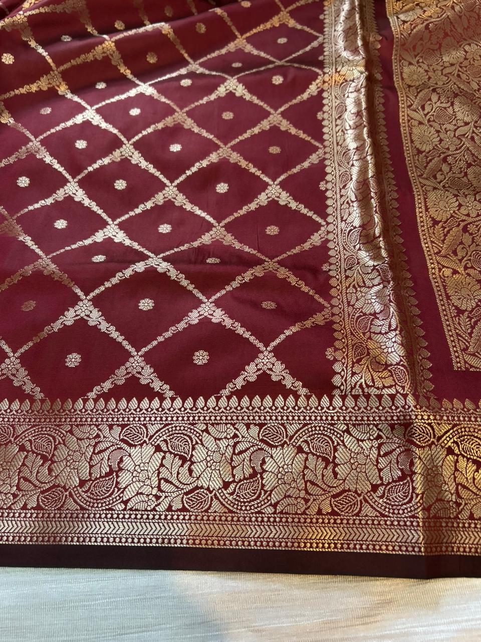 Maroon Geometrical Jal Semi Katan Silk Banarasi Saree with Brocade Blouse | Lightweight Zari Woven Saree