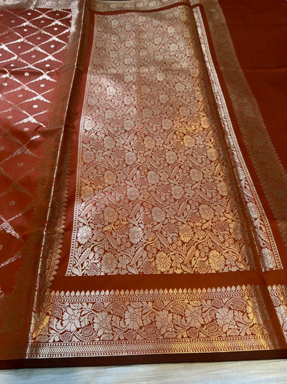 Rustic Orange Geometrical Jal Semi Katan Silk Banarasi Saree with Brocade Blouse | Lightweight Zari Woven Saree