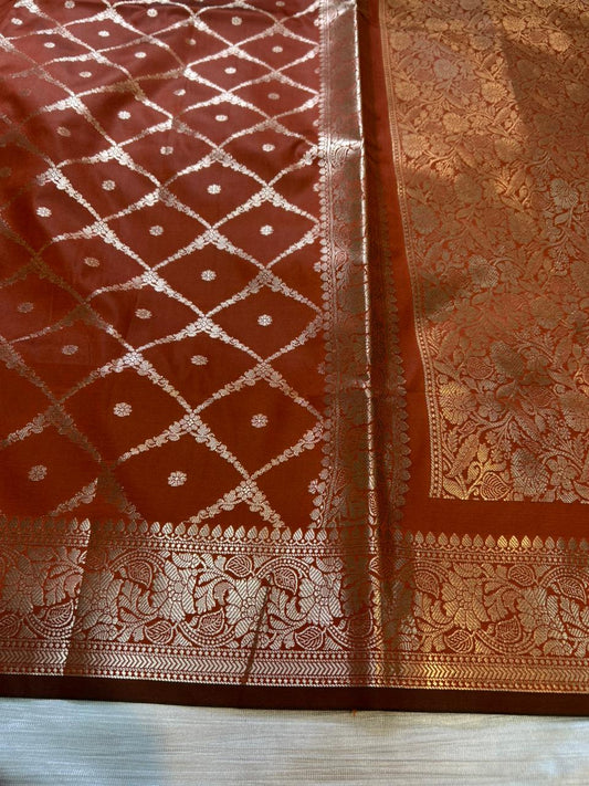 Rustic Orange Geometrical Jal Semi Katan Silk Banarasi Saree with Brocade Blouse | Lightweight Zari Woven Saree