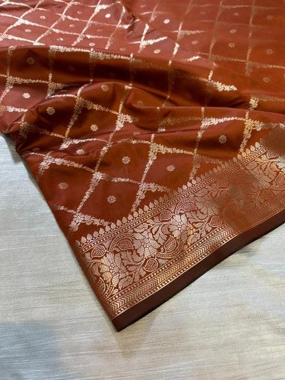 Rustic Orange Geometrical Jal Semi Katan Silk Banarasi Saree with Brocade Blouse | Lightweight Zari Woven Saree