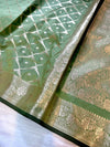 Pista Green Geometrical Jal Semi Katan Silk Banarasi Saree with Brocade Blouse | Lightweight Zari Woven Saree