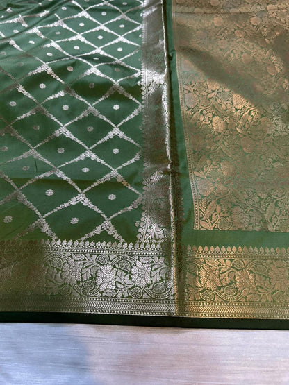 Pista Green Geometrical Jal Semi Katan Silk Banarasi Saree with Brocade Blouse | Lightweight Zari Woven Saree