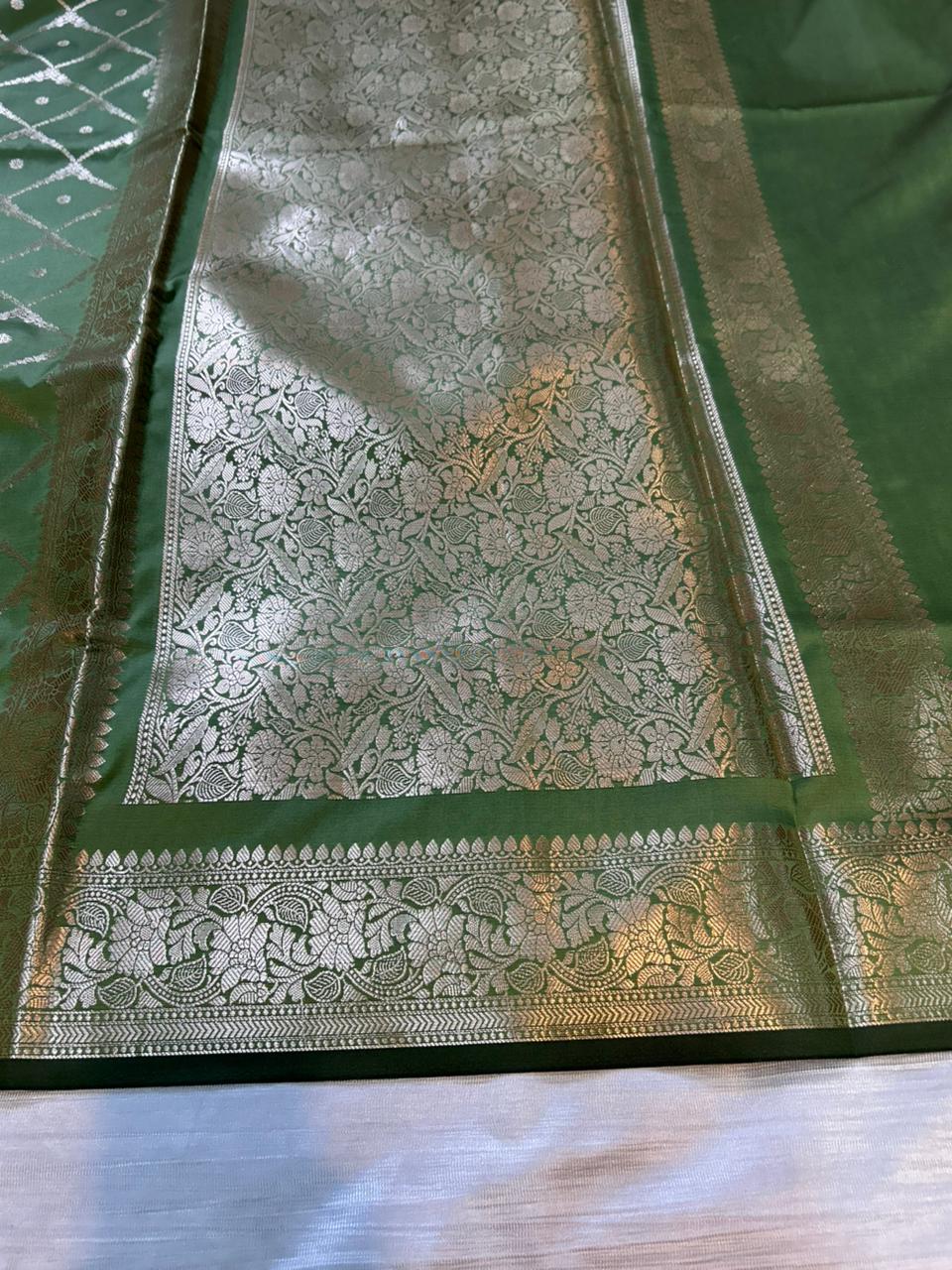 Pista Green Geometrical Jal Semi Katan Silk Banarasi Saree with Brocade Blouse | Lightweight Zari Woven Saree