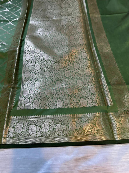Pista Green Geometrical Jal Semi Katan Silk Banarasi Saree with Brocade Blouse | Lightweight Zari Woven Saree