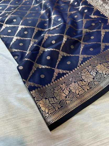 Dark Blue Geometrical Jal Semi Katan Silk Banarasi Saree with Brocade Blouse | Lightweight Zari Woven Saree
