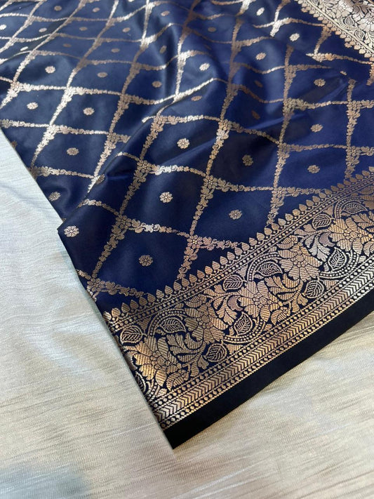 Dark Blue Geometrical Jal Semi Katan Silk Banarasi Saree with Brocade Blouse | Lightweight Zari Woven Saree