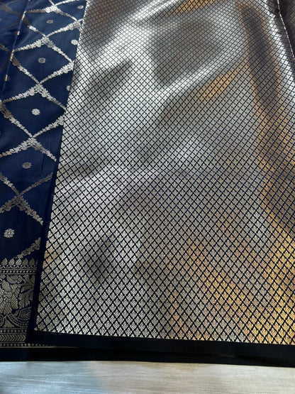 Dark Blue Geometrical Jal Semi Katan Silk Banarasi Saree with Brocade Blouse | Lightweight Zari Woven Saree