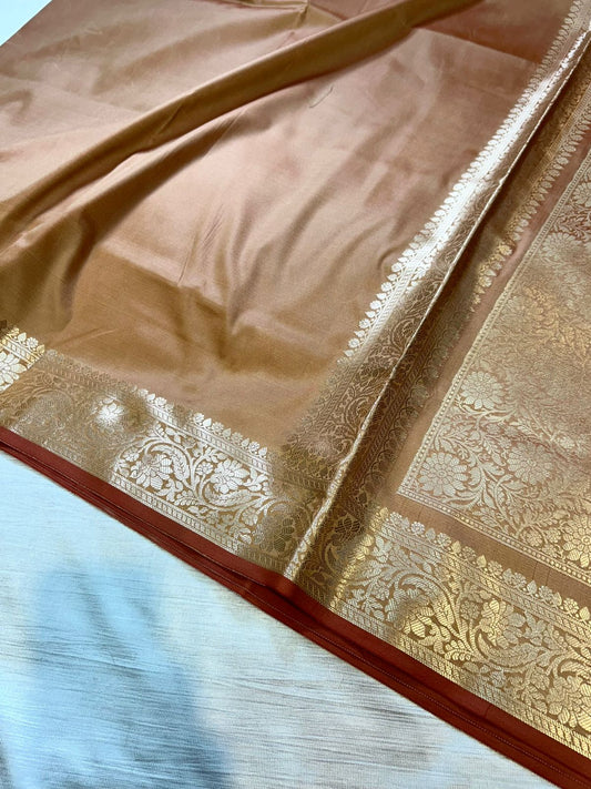 Almond Copper Semi Katan Silk Banarasi Saree with Brocade Blouse | Lightweight Golden Zari Woven Saree