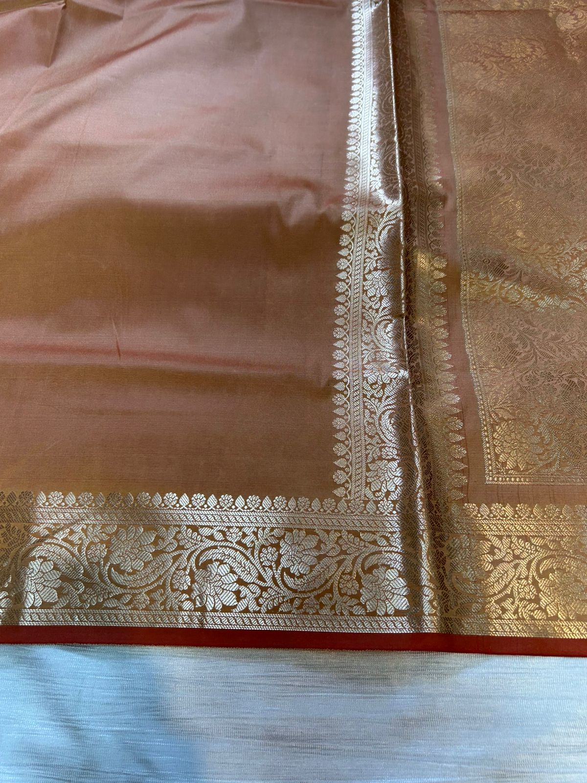 Almond Copper Semi Katan Silk Banarasi Saree with Brocade Blouse | Lightweight Golden Zari Woven Saree