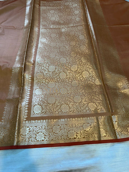 Almond Copper Semi Katan Silk Banarasi Saree with Brocade Blouse | Lightweight Golden Zari Woven Saree
