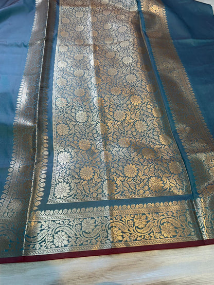 Dark Cloudy Blue Plain Semi Katan Silk Banarasi Saree with Brocade Blouse | Lightweight Golden Zari Saree