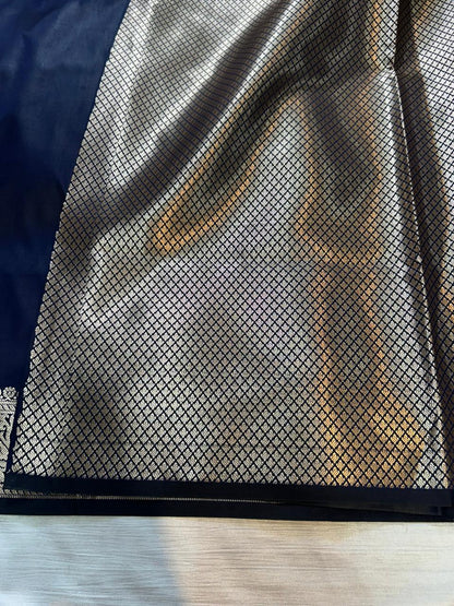Navy Blue Plain Semi Katan Silk Banarasi Saree with Brocade Blouse | Lightweight Golden Zari Woven Saree