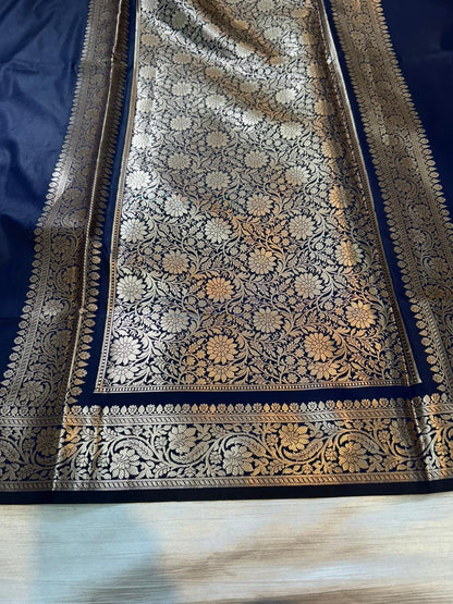 Navy Blue Plain Semi Katan Silk Banarasi Saree with Brocade Blouse | Lightweight Golden Zari Woven Saree