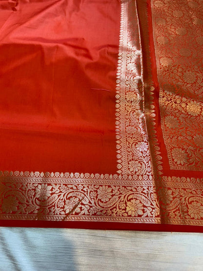 iPhone Orange Plain Semi Katan Silk Banarasi Saree with Brocade Blouse | Lightweight Golden Zari Saree