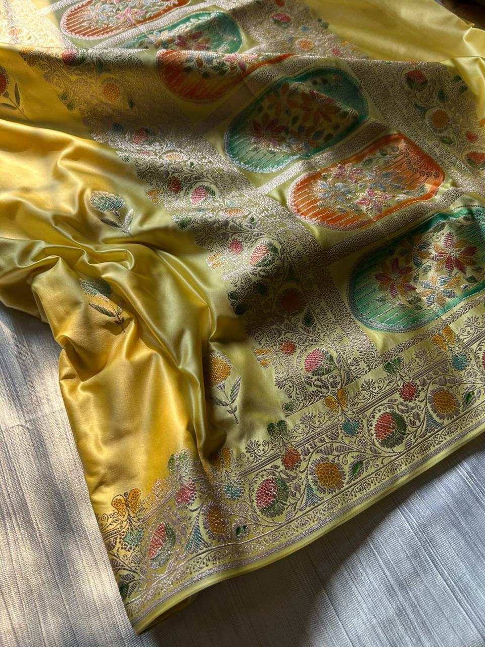 Lemon Yellow Mashru Silk Saree with Hand-Painted Meenakari Pallu