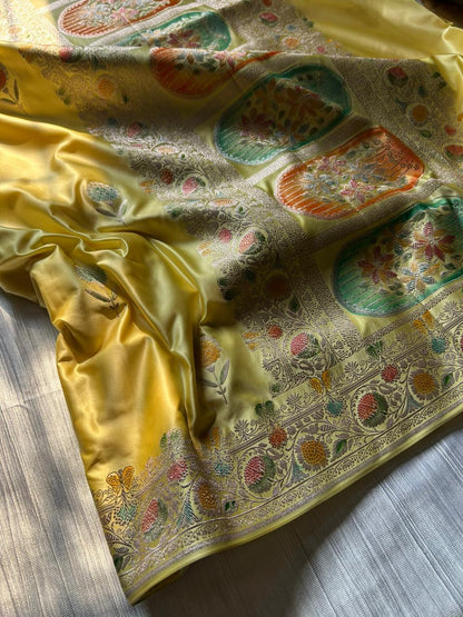 Lemon Yellow Mashru Silk Saree with Hand-Painted Meenakari Pallu